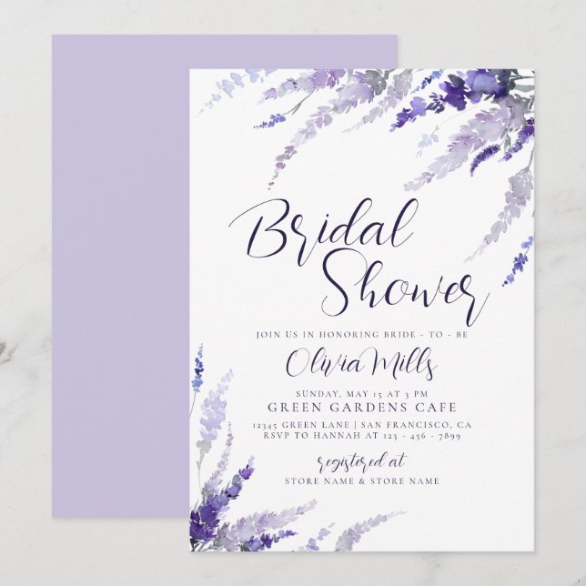 Invitation Lavande Floral Lilac Fête des mariées botanique (Devant / Derrière)