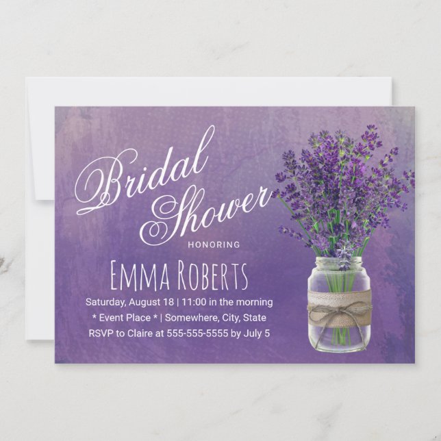 Invitation Lavande Floral Mason Jar Aquarelle Fête des mariée (Devant)