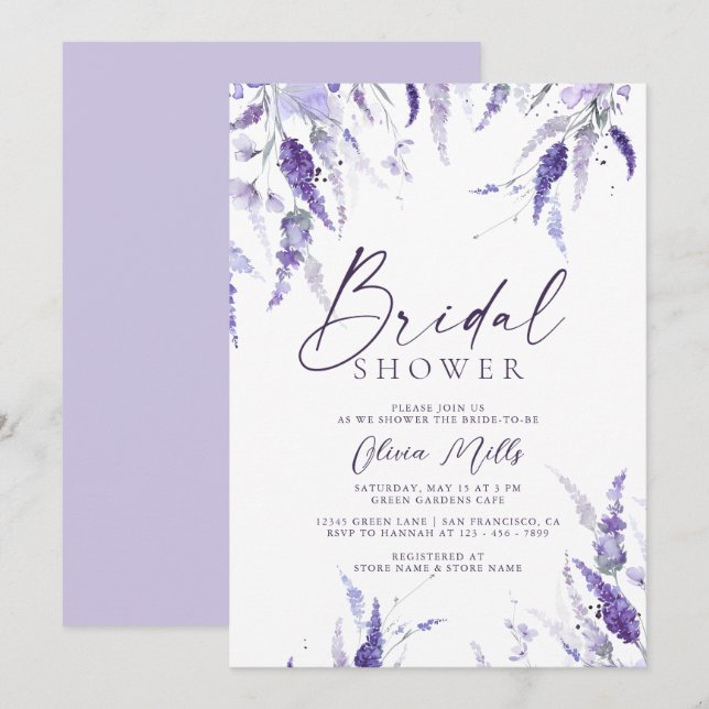 Invitation Lavande Floral Mauve Dusty Fête des mariées violet (Devant / Derrière)