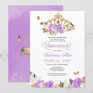 Invitation Lavande Floral Or Tiara Butterfly Quinceanera