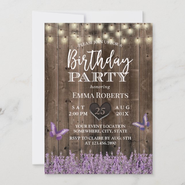 Invitation Lavande Floral Rustique Grange Bois Anniversaire (Devant)
