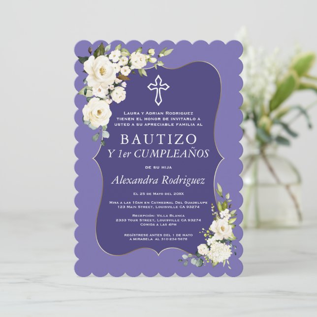 Invitation Lavande florale blanche espagnol 1er anniversaire  (Debout devant)