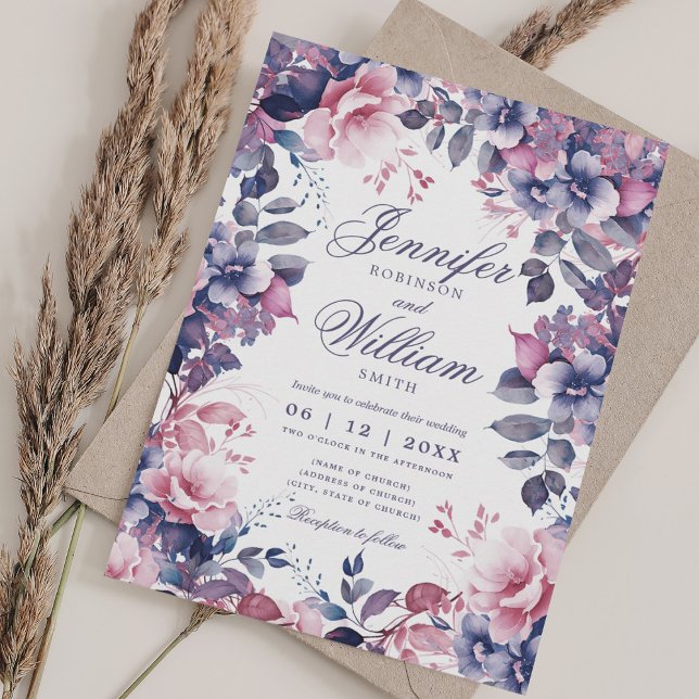 Invitation Lavande florale bohème Mariage pourpre avec RSVP Q (Bohemian Floral Lavender Purple Wedding w/ QR RSVP Invitation)