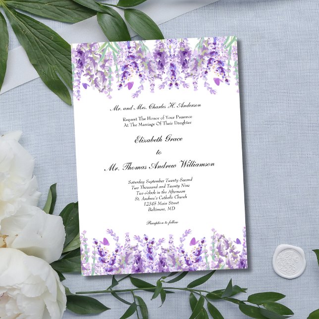 Invitation Lavande Florale Botanique Mariage élégant (Lavender Floral Botanical Elegant Watercolor Wedding Invitation)