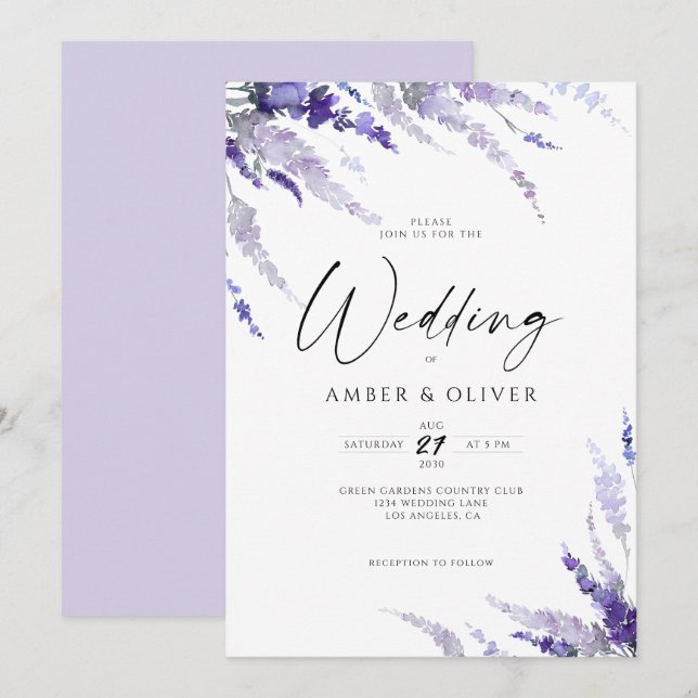 Invitation Lavande florale Élégante Dusty Purple Lilac Mariag (Devant / Derrière)