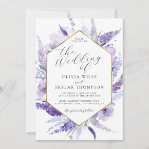 Invitation Lavande Florale Violet Lilac Golden Frame Mariage