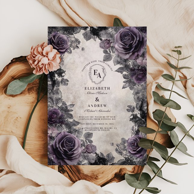 Invitation Lavande gothique Rose avec cadre en dentelle noire (Créateur téléchargé)