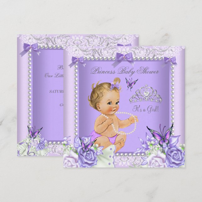 Invitation Lavande Grey Baby shower fille Blonde bébé (Devant / Derrière)