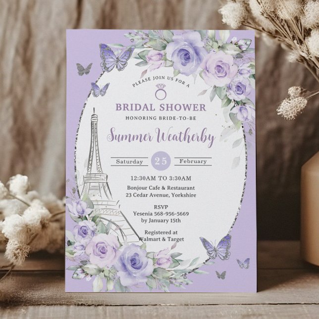 Invitation Lavande Lilac Purple Floral Paris Fête des mariées (Créateur téléchargé)