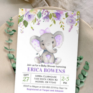 Invitation Lavande Lilac Purple Girl Elephant Baby shower