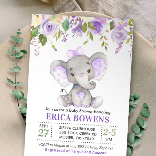 Invitation Lavande Lilac Purple Girl Elephant Baby shower (Créateur téléchargé)