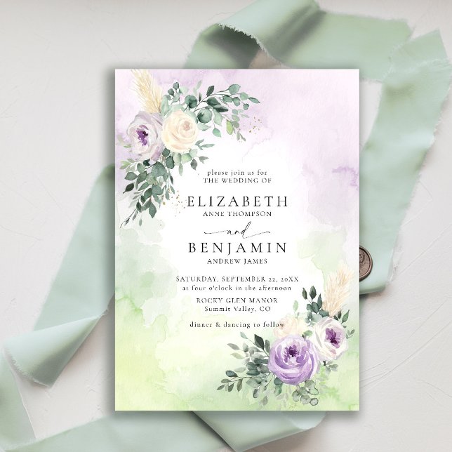Invitation Lavande Lilac Violet Boho Chic Mariage Floral (purple lavender lilac wedding invitation watercolor elegant rustic floral garden romantic brunch)