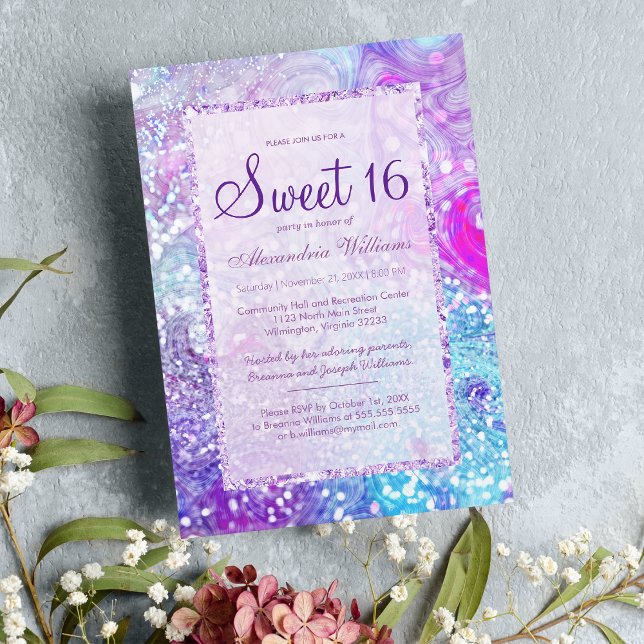 Invitation Lavande lilas de fille parties scintillant en marb (Girly lilac lavender teal marble glitter Sweet 16 Invitation )