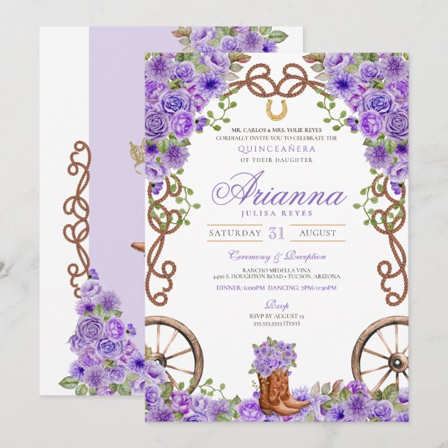 Invitation Lavande Lumière violet Ouest Charra Quinceañera (Devant / Derrière)