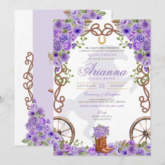 Invitation Lavande Lumière violet Ouest Charro Quinceañera (Devant / Derrière)