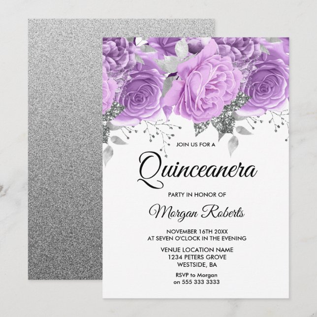 Invitation Lavande mauve Argent floral étincelle Quinceanera (Devant / Derrière)