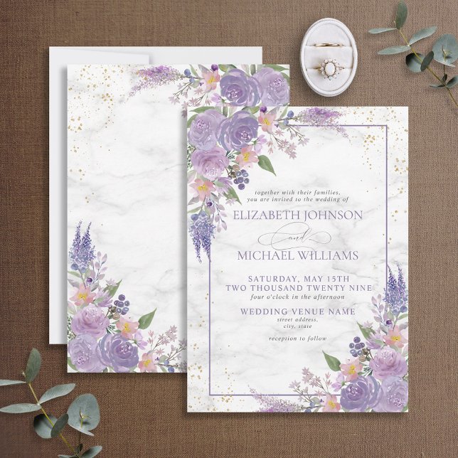 Invitation Lavande officielle Lilac Marbre or Floral Mariage (Créateur téléchargé)