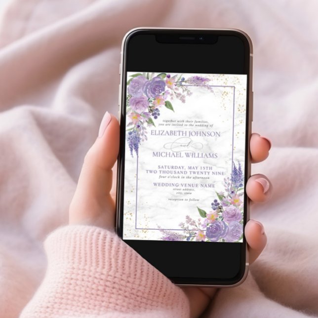 Invitation Lavande officielle Lilac Marbre or Floral Mariage (Créateur téléchargé)