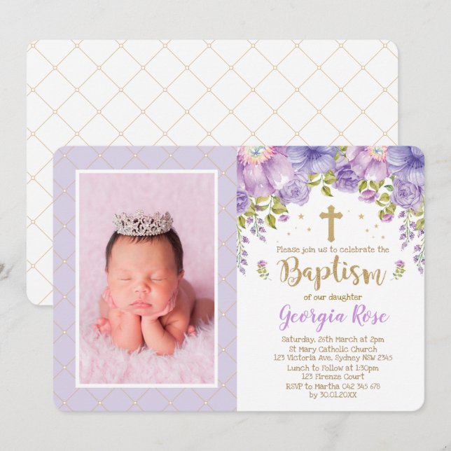 Invitation Lavande Or Floral / Baptême de fille Christening (Devant / Derrière)
