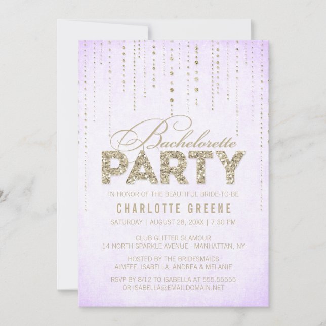 Invitation Lavande & Parties scintillant Or Look Bachelorette (Devant)