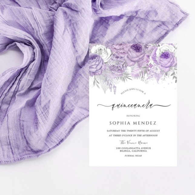 Invitation Lavande Purple Étincelle Florale Quinceanera Party (Créateur téléchargé)