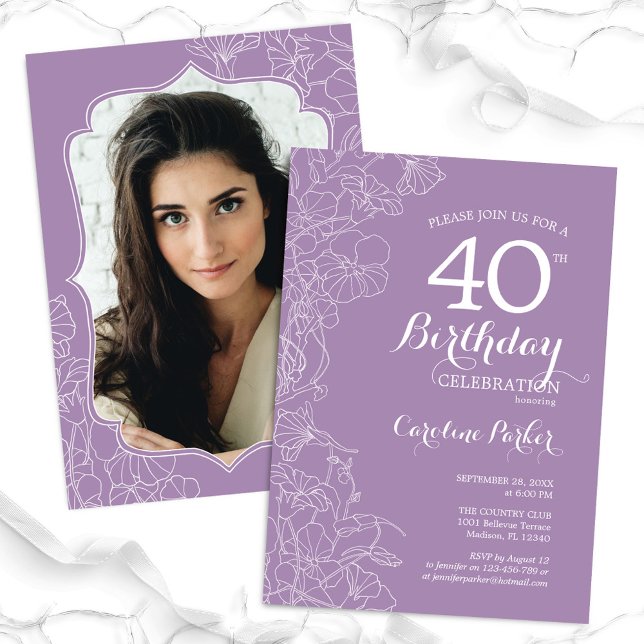Invitation Lavande Purple Floral Photo 40e fête d'anniversair (Créateur téléchargé)