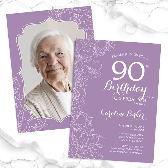 Invitation Lavande Purple Floral Photo 90e fête d'anniversair (Créateur téléchargé)