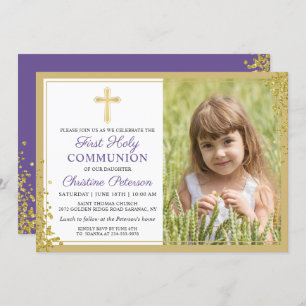 Invitation Lavande Purple Gold First Holy Communion Photo