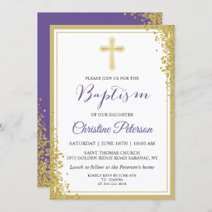 Invitation Lavande Purple Gold Parties scintillant fille Bapt