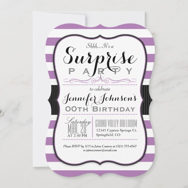 Invitation Lavande Purple & White Stripes Surprise (Devant)