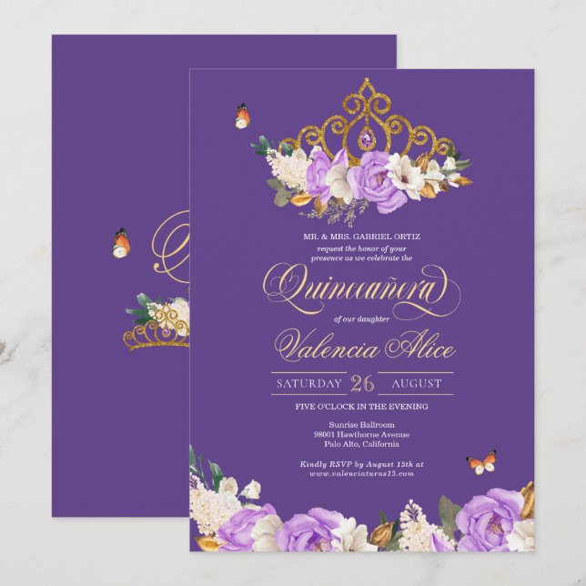 Invitation Lavande Rose Royal violet or Tiara Quinceanera (Devant / Derrière)