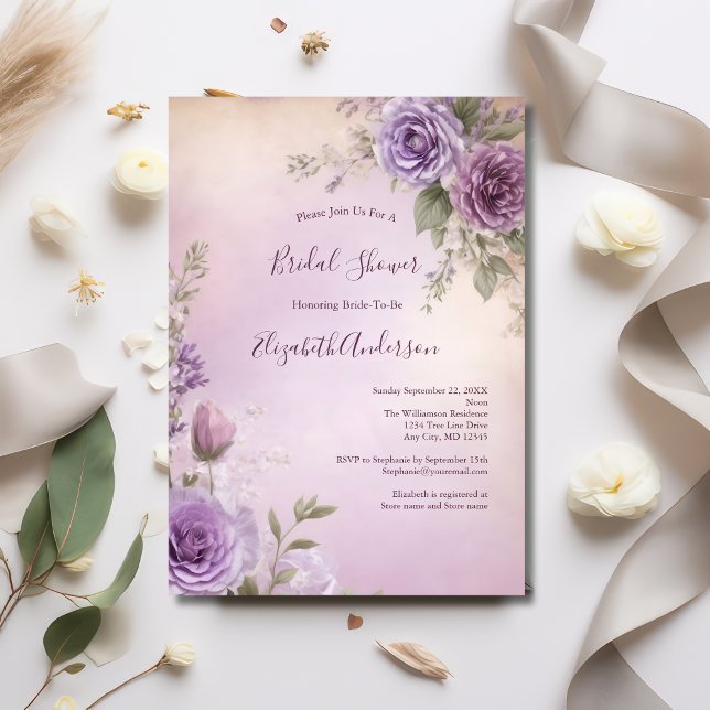 Invitation Lavande rose violet Floral Élégante Fête des marié (Lavender Pink Purple Floral Watercolor Bridal Shower invitation)