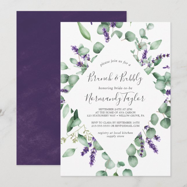 Invitation Lavande rustique et Eucalyptus Brunch et Bubbly (Devant / Derrière)
