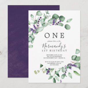 Invitation Lavande rustique et Eucalyptus premier anniversair
