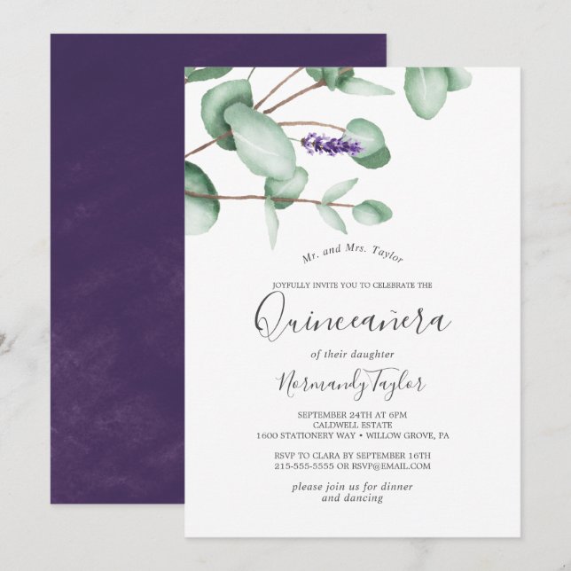 Invitation Lavande rustique et Eucalyptus Quinceañera (Devant / Derrière)