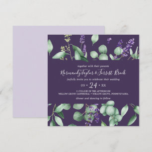 Invitation Lavande rustique & Eucalyptus Carré violet Mariage