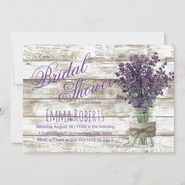 Invitation Lavande Rustique Floral Mason Jar Fête des mariées (Devant)