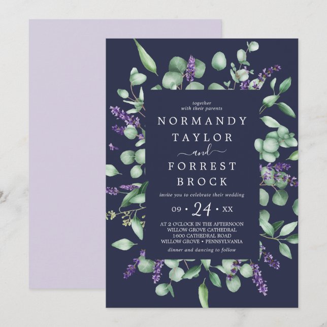Invitation Lavande rustique | Mariage de cadre floral bleu ma (Devant / Derrière)