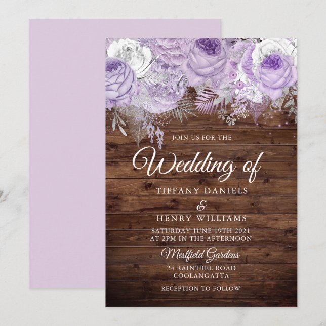Invitation Lavande Rustique Purple Étincelle Mariage Floral (Devant / Derrière)