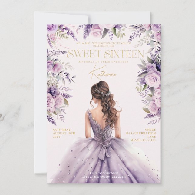 Invitation Lavande Sweet sixteen 16 Robe violette Floral (Devant)