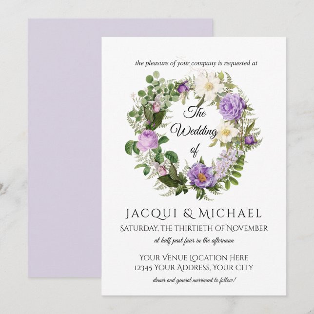 Invitation Lavande Vintage Roses ivoire w Fern Wreath Mariage (Devant / Derrière)