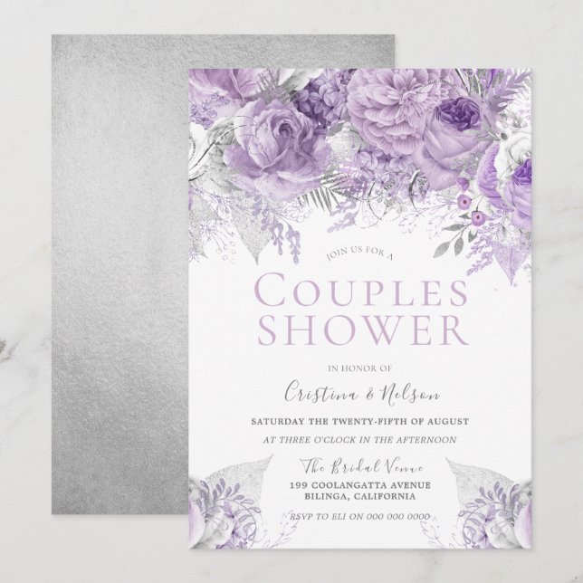 Invitation Lavande Violet Argent floral Fête de Couple de Sho (Devant / Derrière)