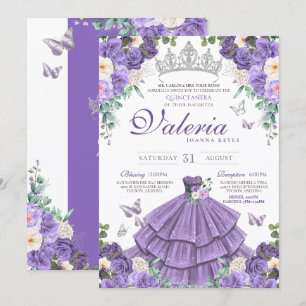 Invitation Lavande violet argent Rose papillon Quinceanera