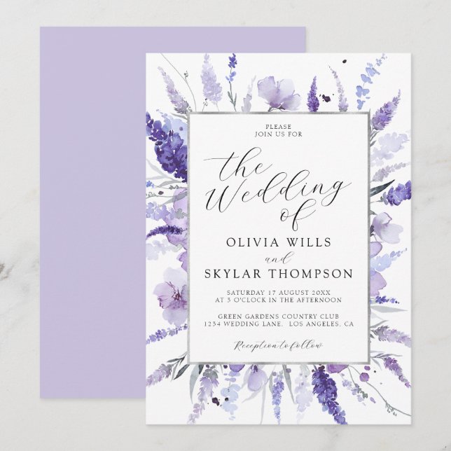 Invitation Lavande violet argenté Mariage botanique floral (Devant / Derrière)