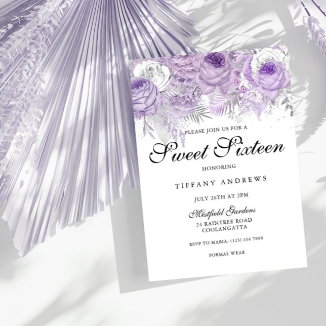 Invitation Lavande violet blanc Fleurs d'argent doux 16 (Créateur téléchargé)