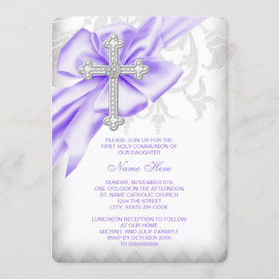 Invitation Lavande Violet Damassé Croix Première Communion