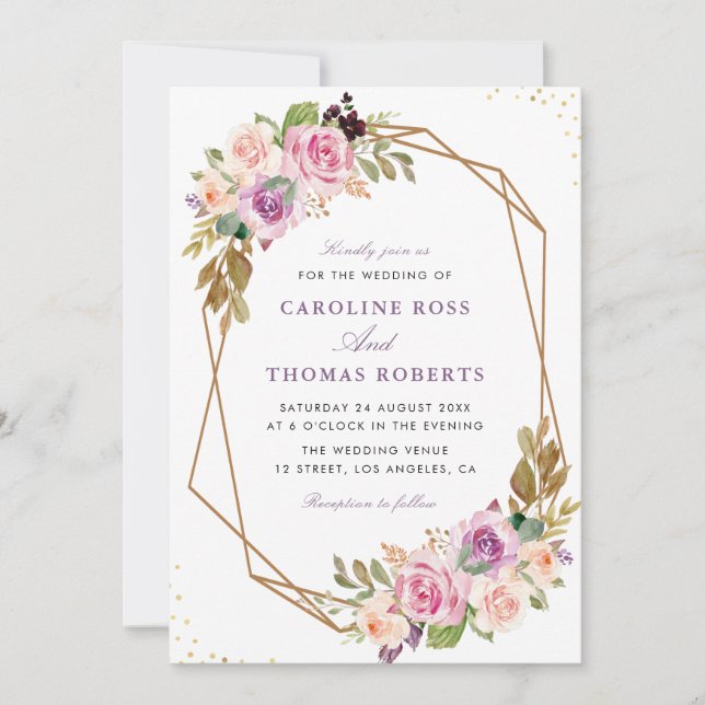 Invitation lavande violet et floral brun mariage géométrique (Devant)