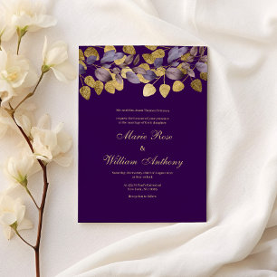 Invitation Lavande violet feuille or Mariage floral