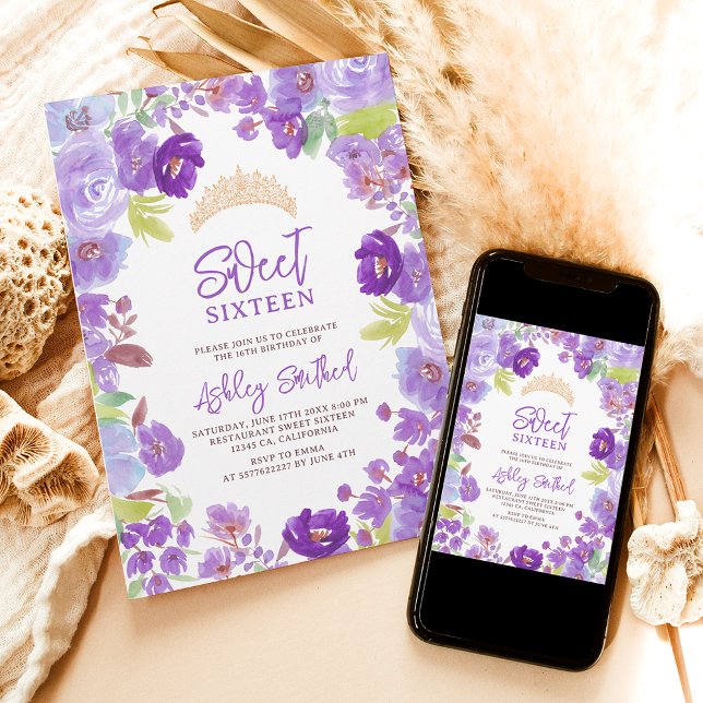 Invitation Lavande violet fleurs sauvages Sweet 16 anniversai (Lavender purple wild flowers Sweet 16 birthday Invitation)