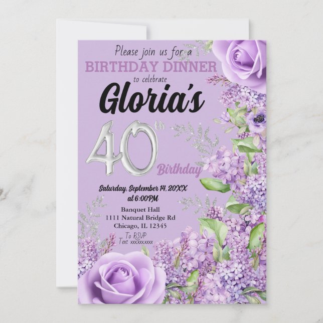 Invitation Lavande violet floral 40e anniversaire invitati (Devant)